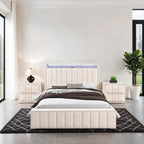 Queen Size Bed Set with Nightstands - Contemporary Beige Furniture.