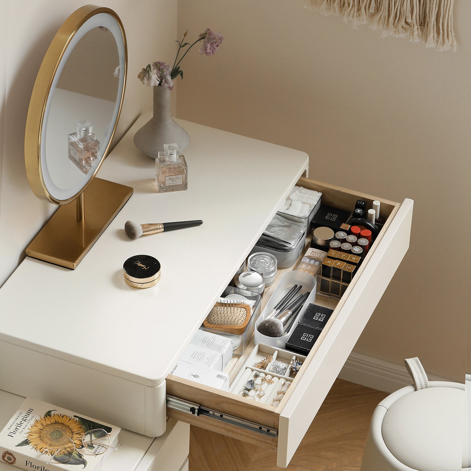 White Solid Wood Dresser Table - Liriodendron Design with open top drawer neatly organizing makeup, brushes, and jewelry essentials.