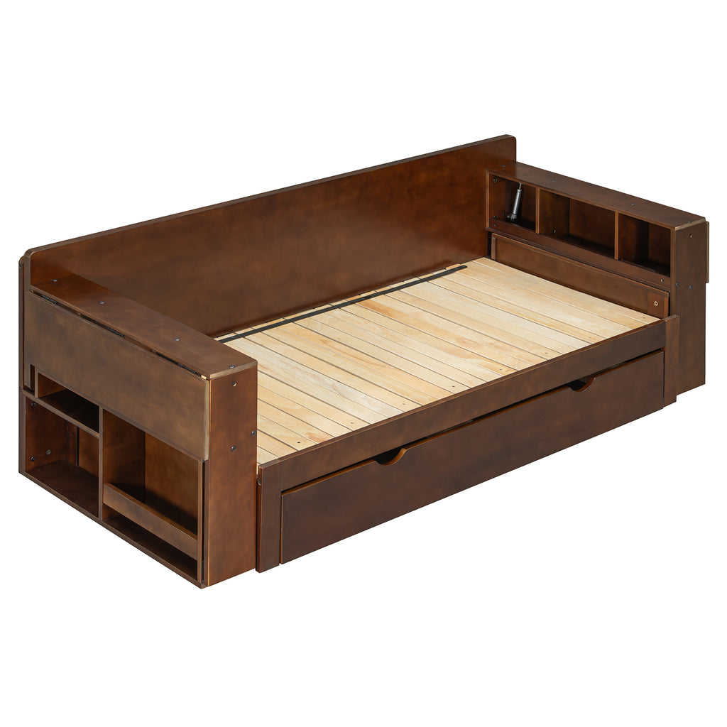 Queen Multifunctional Daybed frame in espresso wood with slatted base, built-in shelves, and underbed drawer for storage.