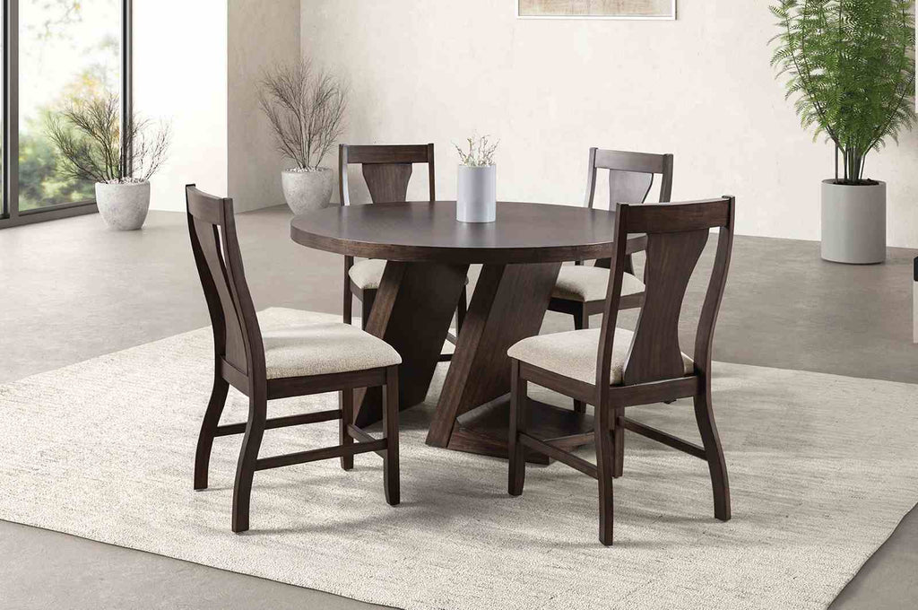 Set of Espresso Finish Dining Chairs arranged around a round table, featuring slat back and upholstered seats in a stylish room.