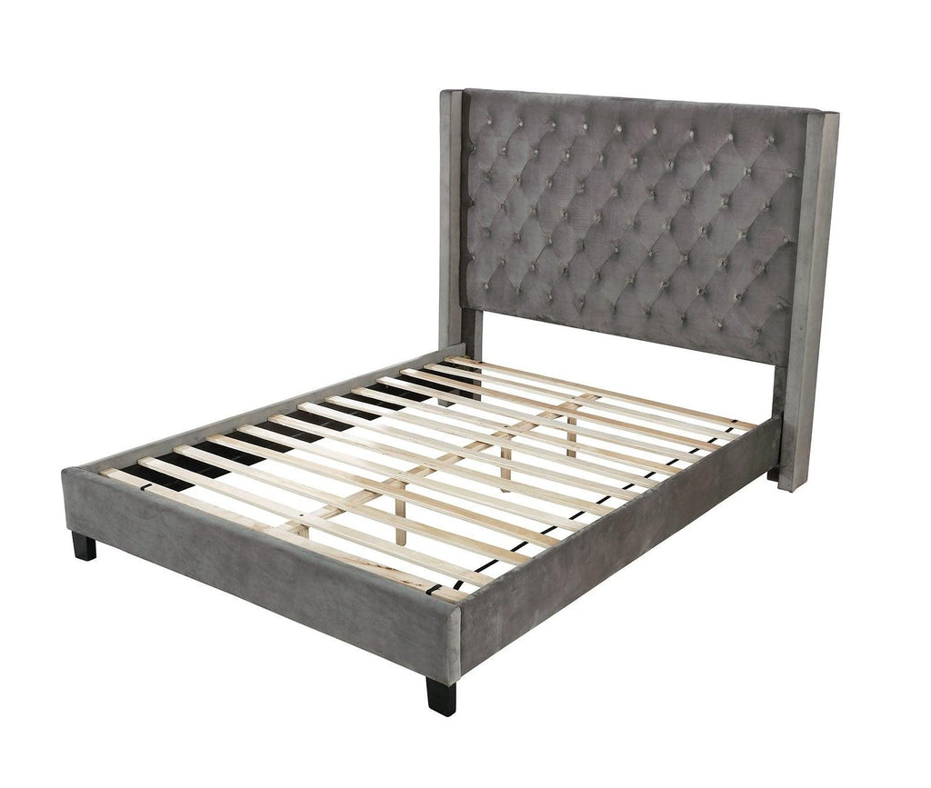 Gray Queen Size Bed Frame with Upholstered Design.