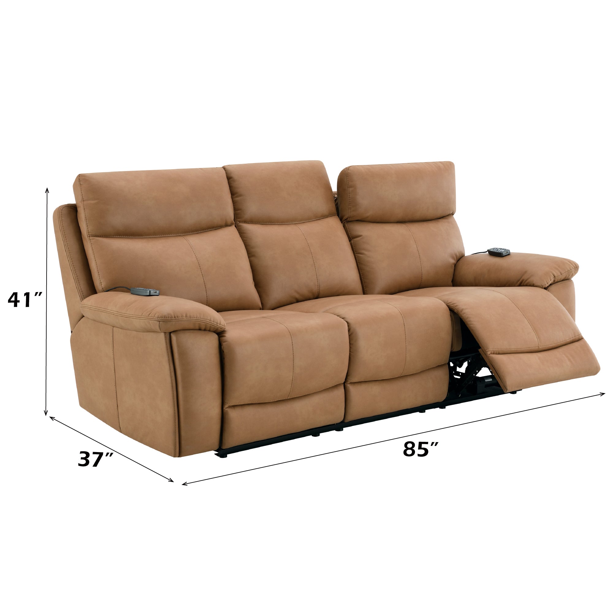 Brown leather reclining sofa with USB and power headrest, measuring 85 inches wide, 41 inches high, and 37 inches deep.