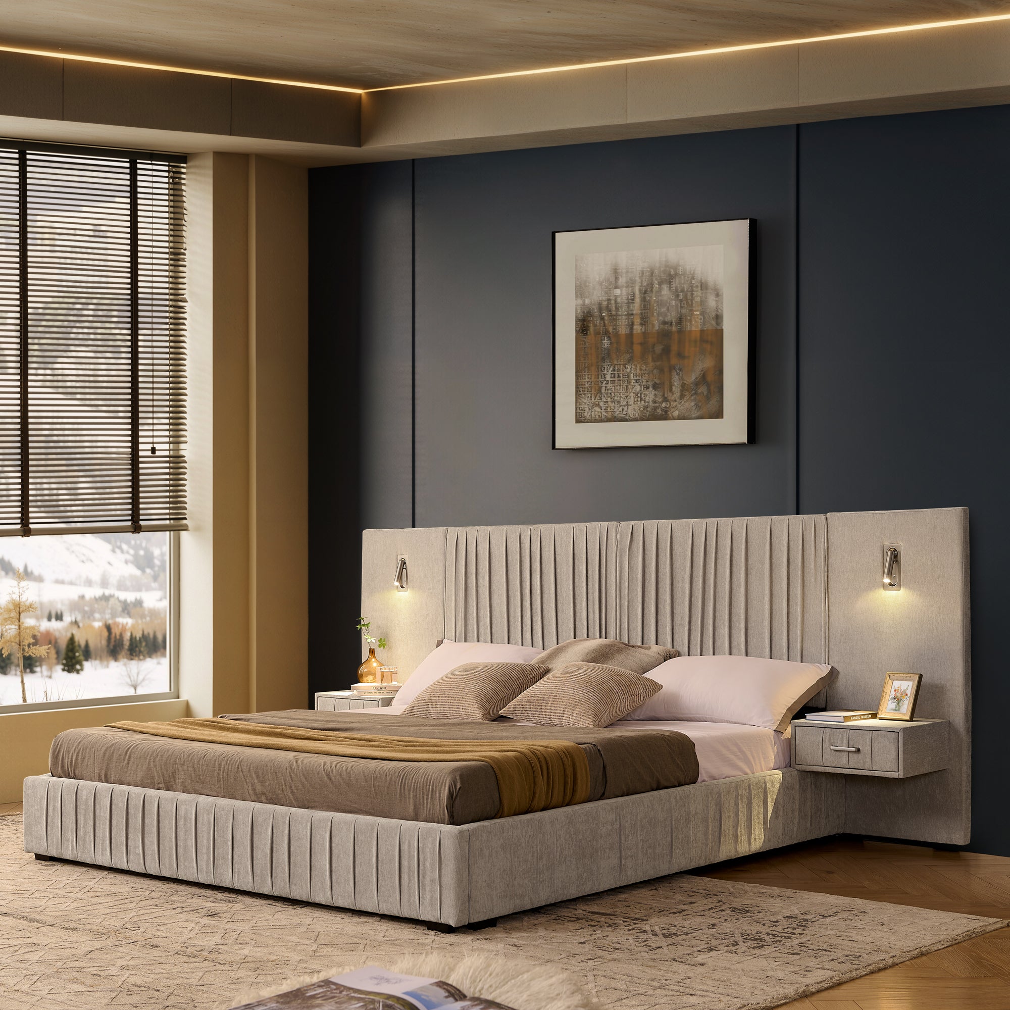 Beige chenille king platform bed with pleated headboard, integrated nightstands, and built-in reading lights.