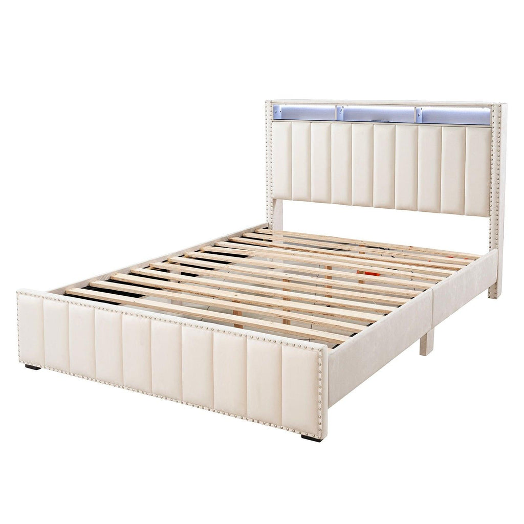 Queen Size Bed Set with Nightstands - Contemporary Beige Furniture.