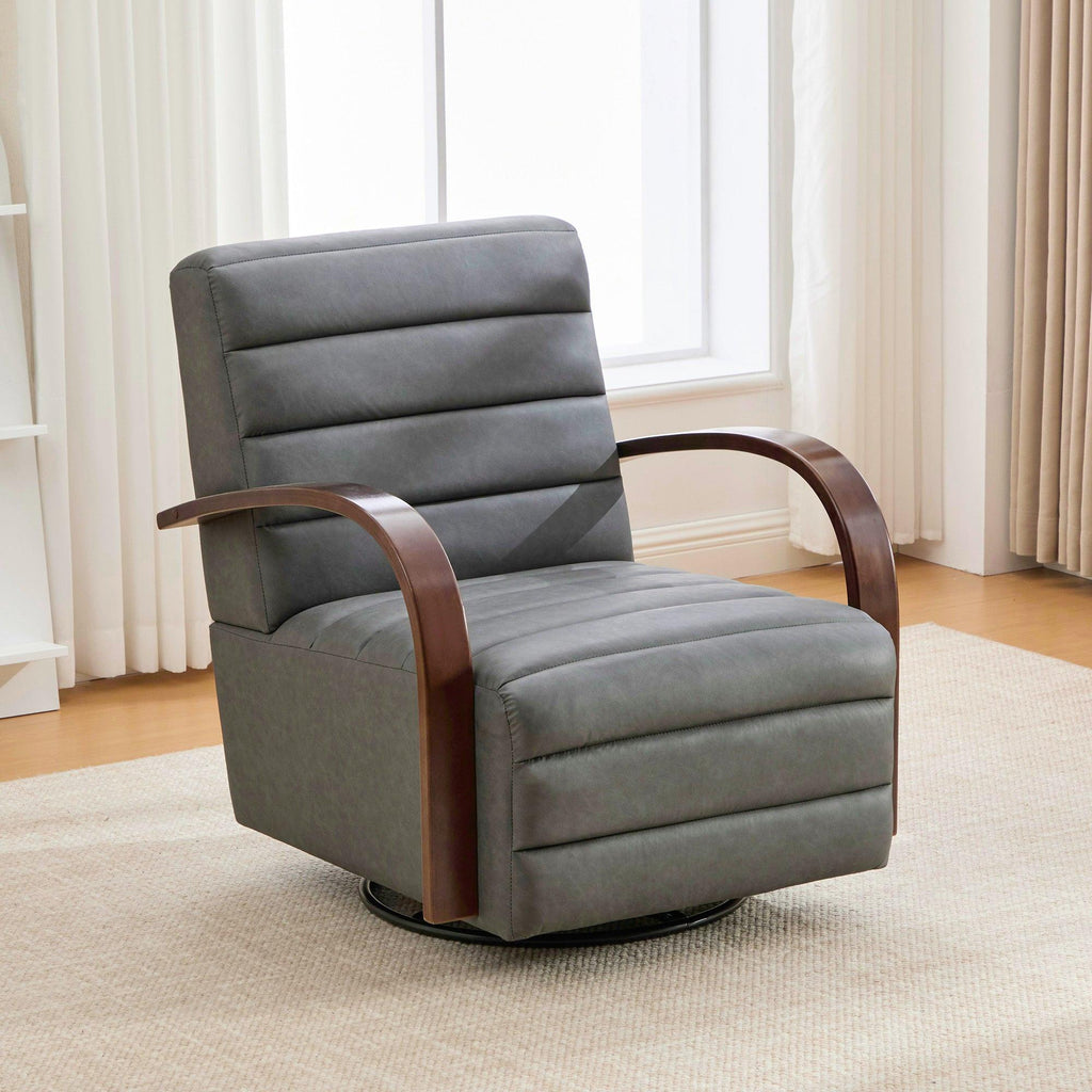 Modern Upholstered 360° Swivel Accent Chair with Solid Wood Armrests, Comfy Channel Tufted Lounge Reading Chair, Gray PU, 30.3'W.