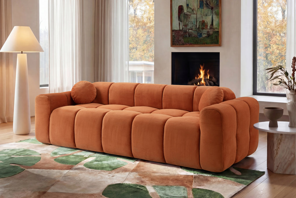 98-Inch Orange Corduroy Cloud Puff 4-Seater Sofa with Pillows