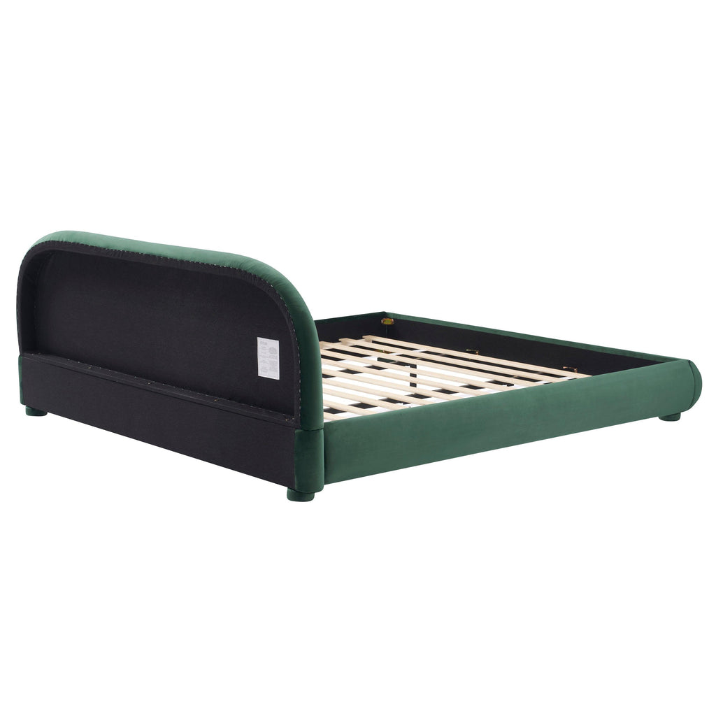 King Size Dark Green Velvet Bed with Curved Headboard.