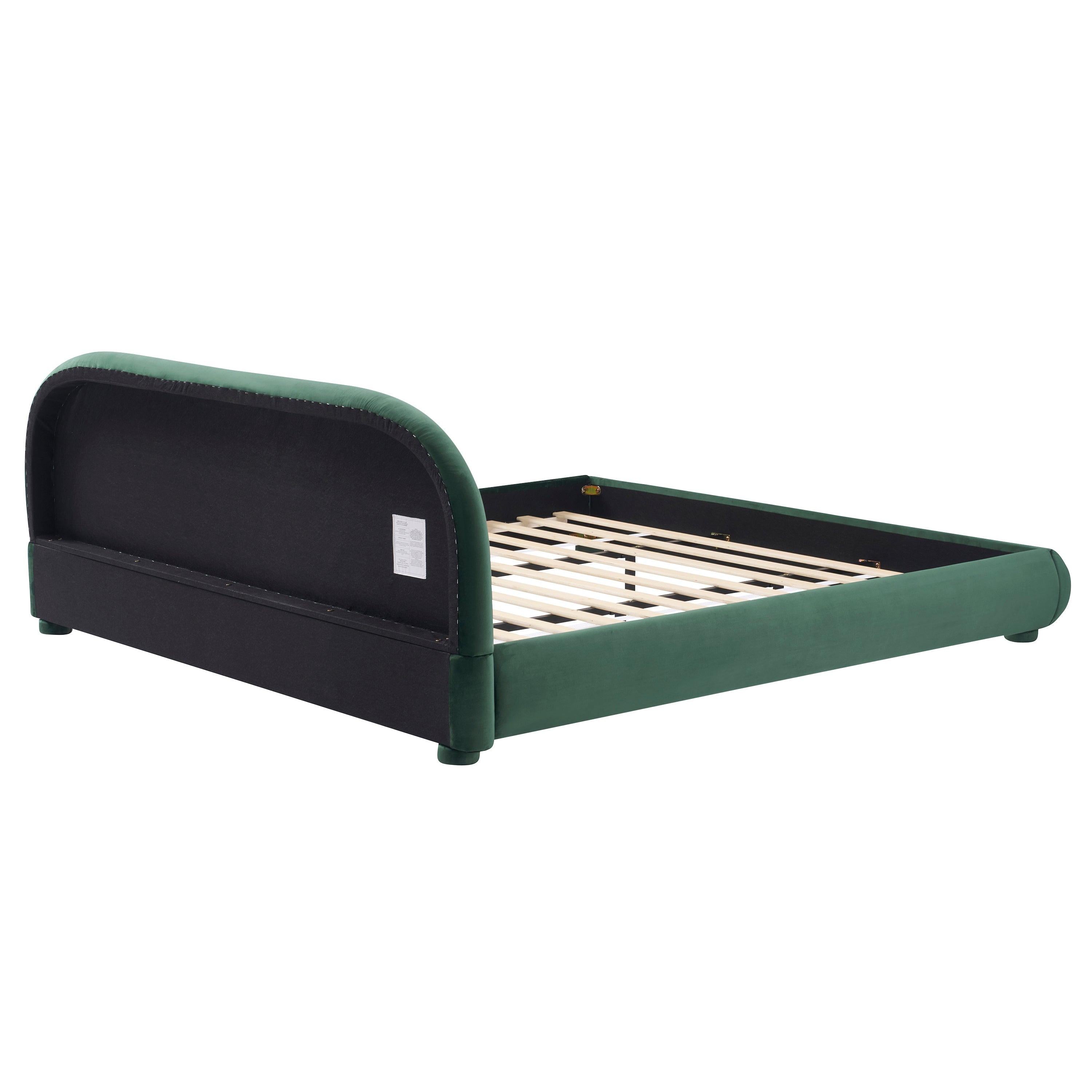 King Size Dark Green Velvet Bed with Curved Headboard.