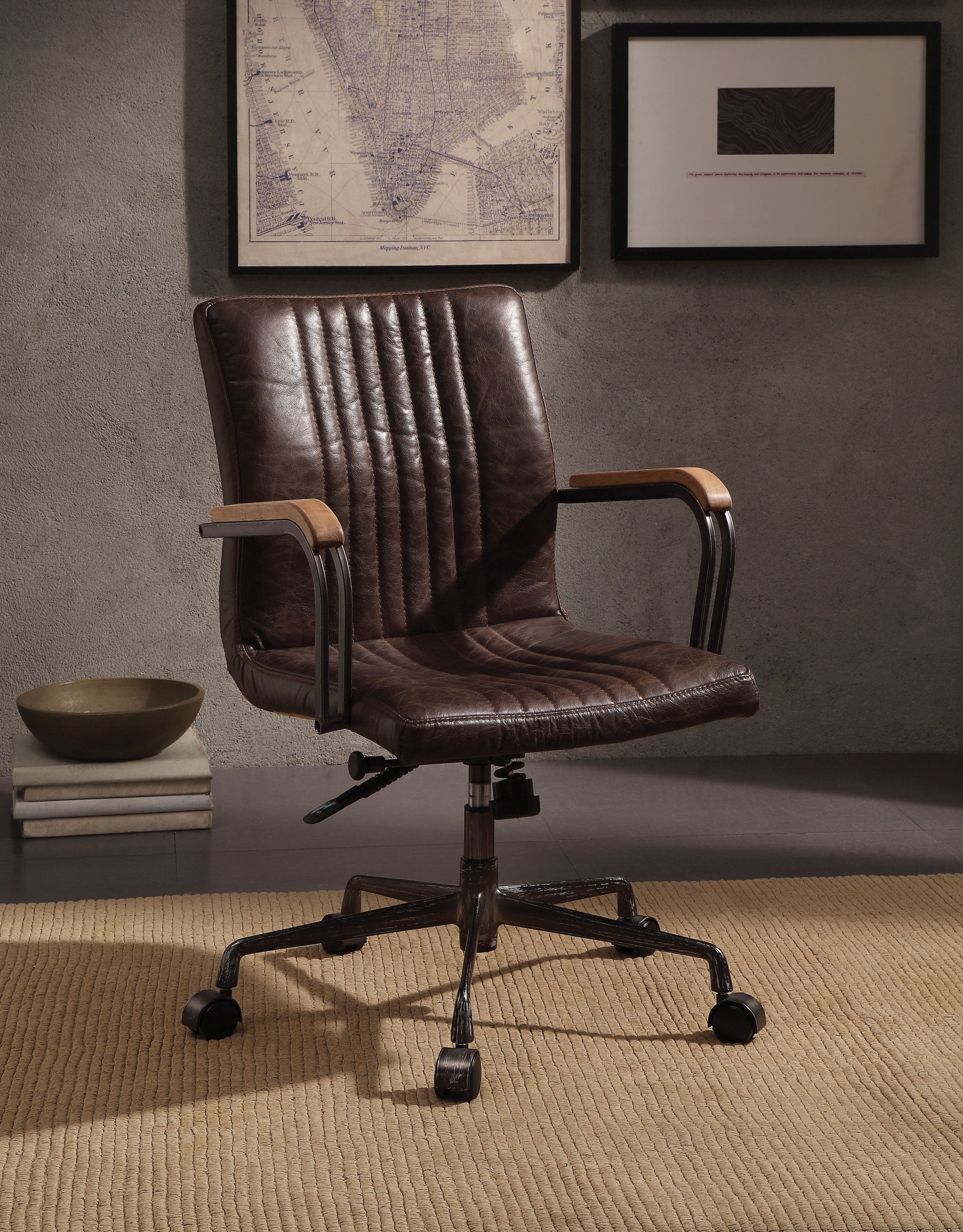 Top Grain Leather Adjustable Chair in a modern office setting with high back, swivel seat, and metal base for ergonomic support.