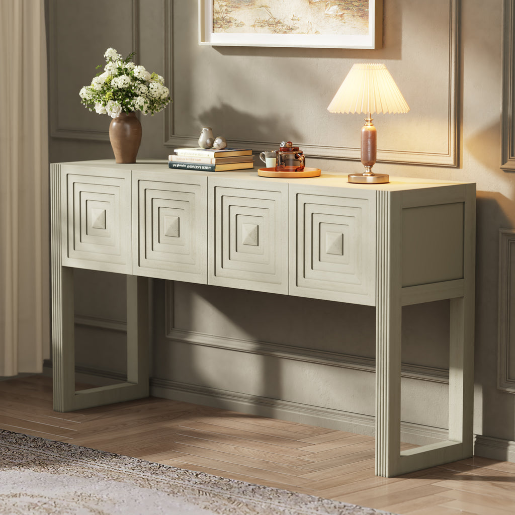Geometric Carved Natural Wood Console Table with 3 Storage Drawers