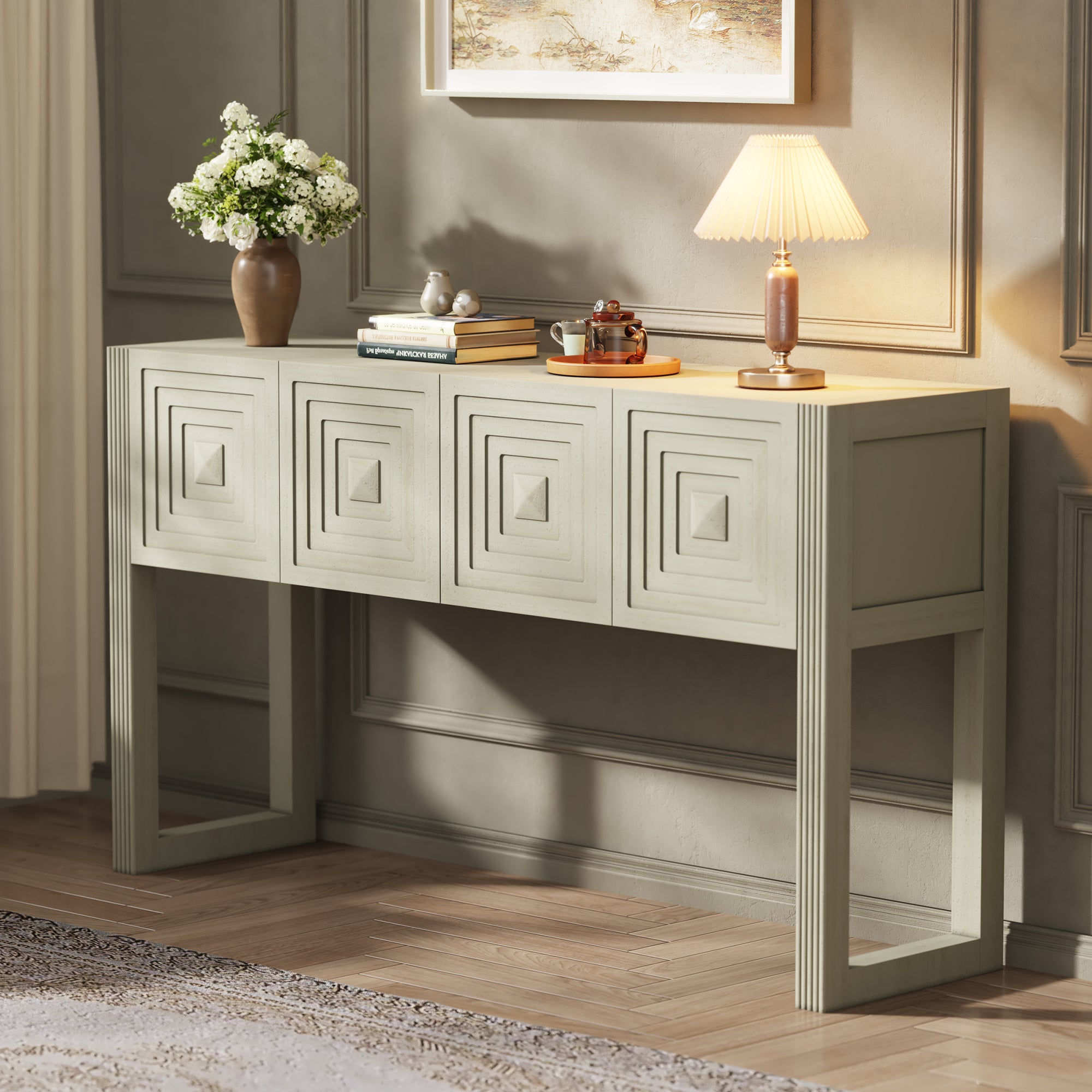 Geometric Carved Natural Wood Console Table with 3 Storage Drawers