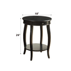 Alysa Black Accent Table with dimensions 18 inches wide and 24 inches tall. Features 1 drawer and lower shelf in a sleek black finish.