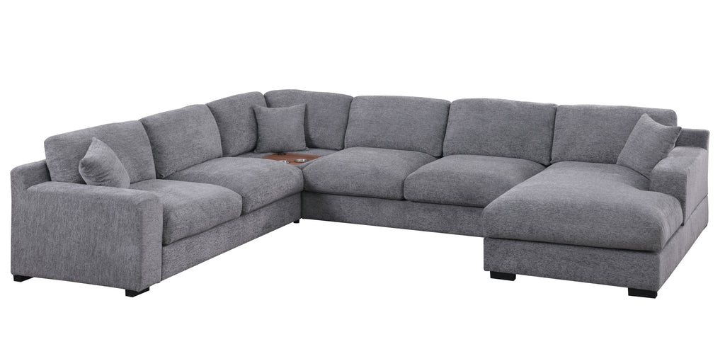 Light gray chenille corner sectional with chaise, featuring cupholders and USB ports. Foam-filled cushions offer comfort for 5 people.