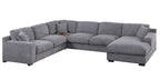 Light gray chenille corner sectional with chaise, featuring cupholders and USB ports. Foam-filled cushions offer comfort for 5 people.