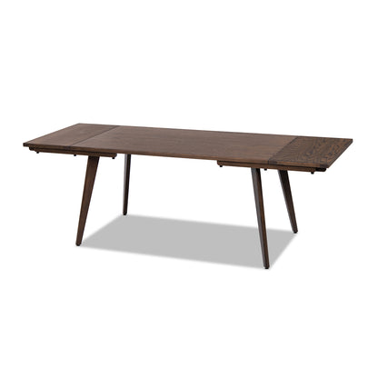 Oak Wood Dining Table extended to full length with both leaves, offering seating for 8 in a dark brown red oak finish.