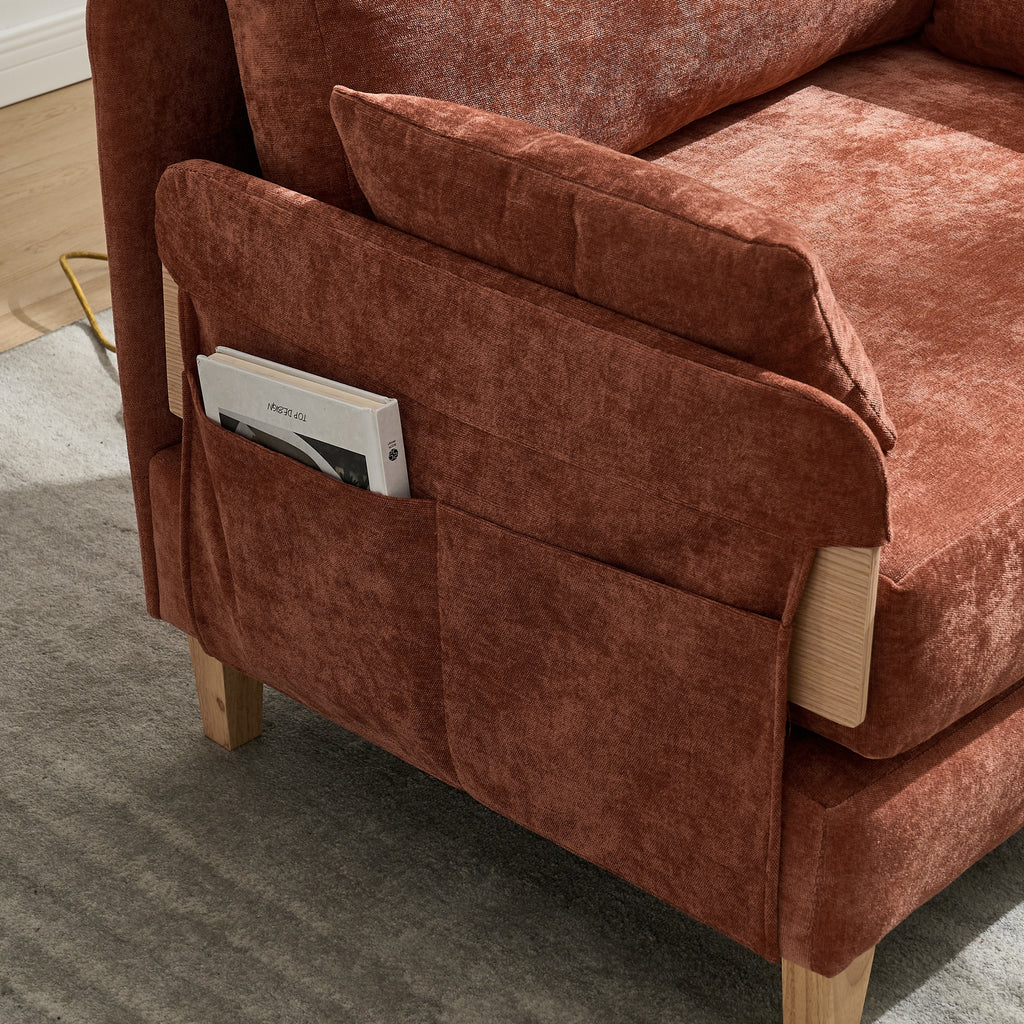 Side view of the Convertible Sofa Bed Recliner with magazine in detachable pocket, highlighting smart storage and wooden leg design.