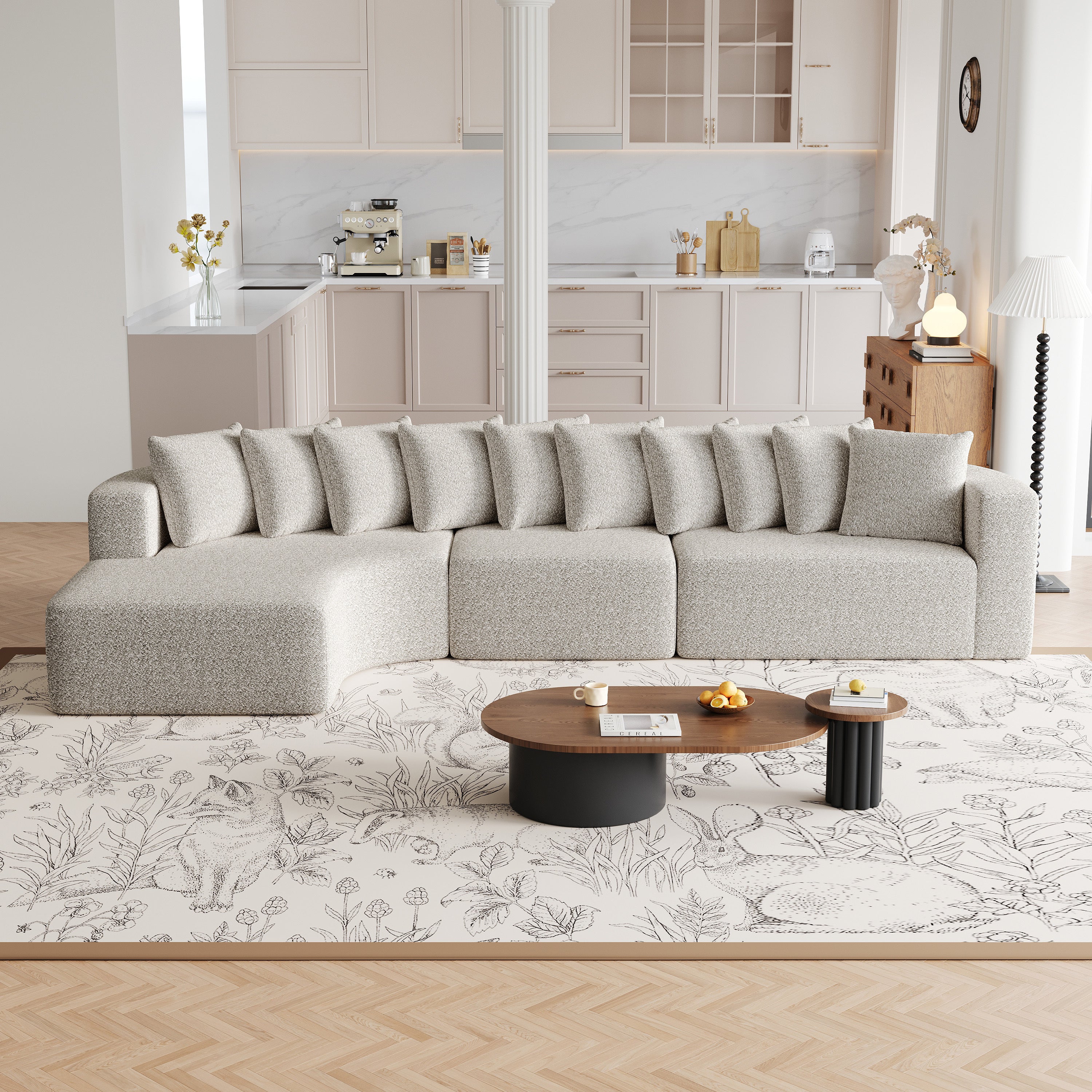 Chenille Sectional Sofa - Modern Cloud Curved Set with 10 pillows in a neutral-toned living room, ideal for stylish and cozy interiors.
