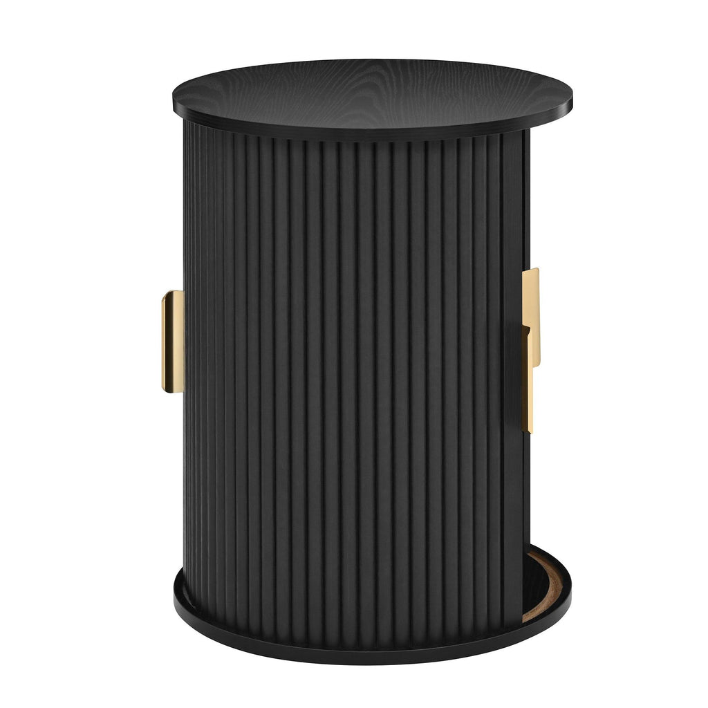 [Assembly Video] Mid-Century Coffee Table Set with Sliding Tambour Door, Round Fluted End Table With Storage, Golden Handle Tall & Low Side Table with Wooden Finish for Living Room, Set of Two, Black.