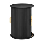 [Assembly Video] Mid-Century Coffee Table Set with Sliding Tambour Door, Round Fluted End Table With Storage, Golden Handle Tall & Low Side Table with Wooden Finish for Living Room, Set of Two, Black.