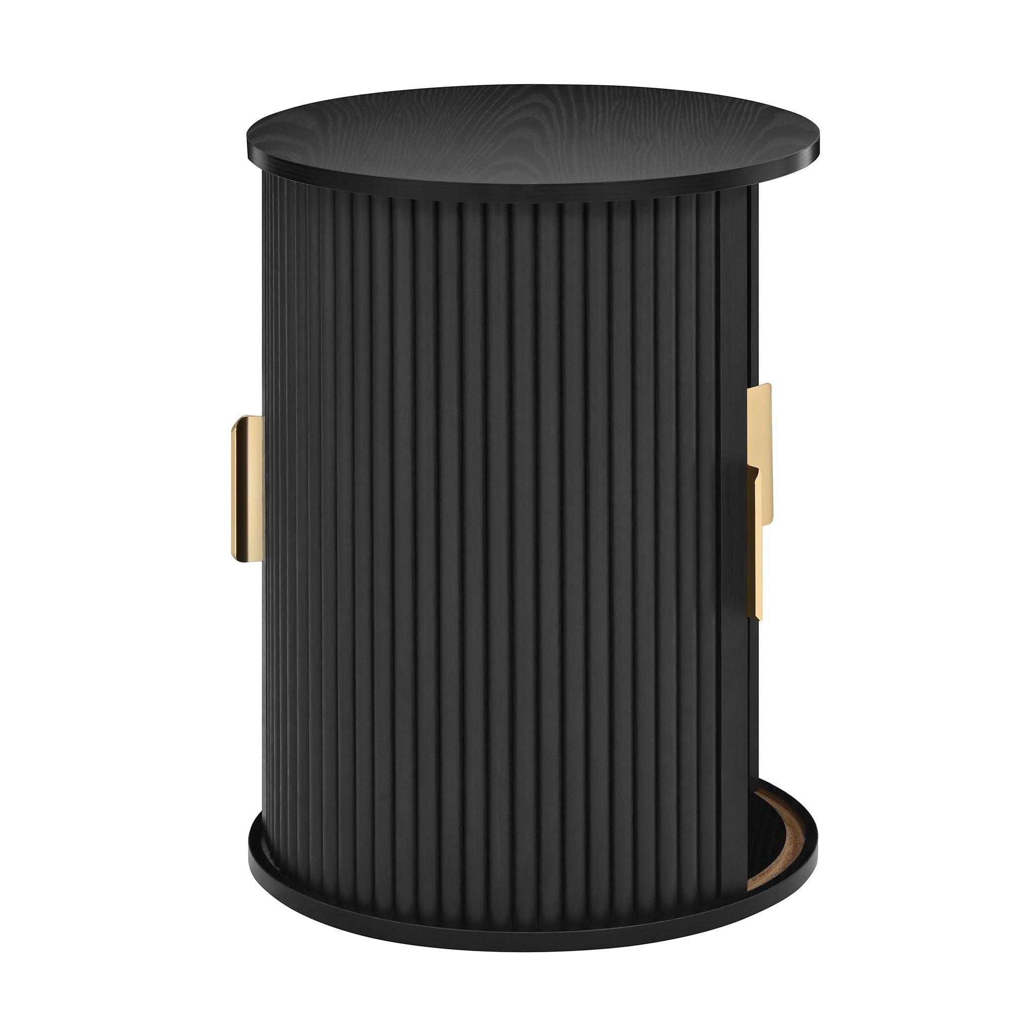 [Assembly Video] Mid-Century Coffee Table Set with Sliding Tambour Door, Round Fluted End Table With Storage, Golden Handle Tall & Low Side Table with Wooden Finish for Living Room, Set of Two, Black.