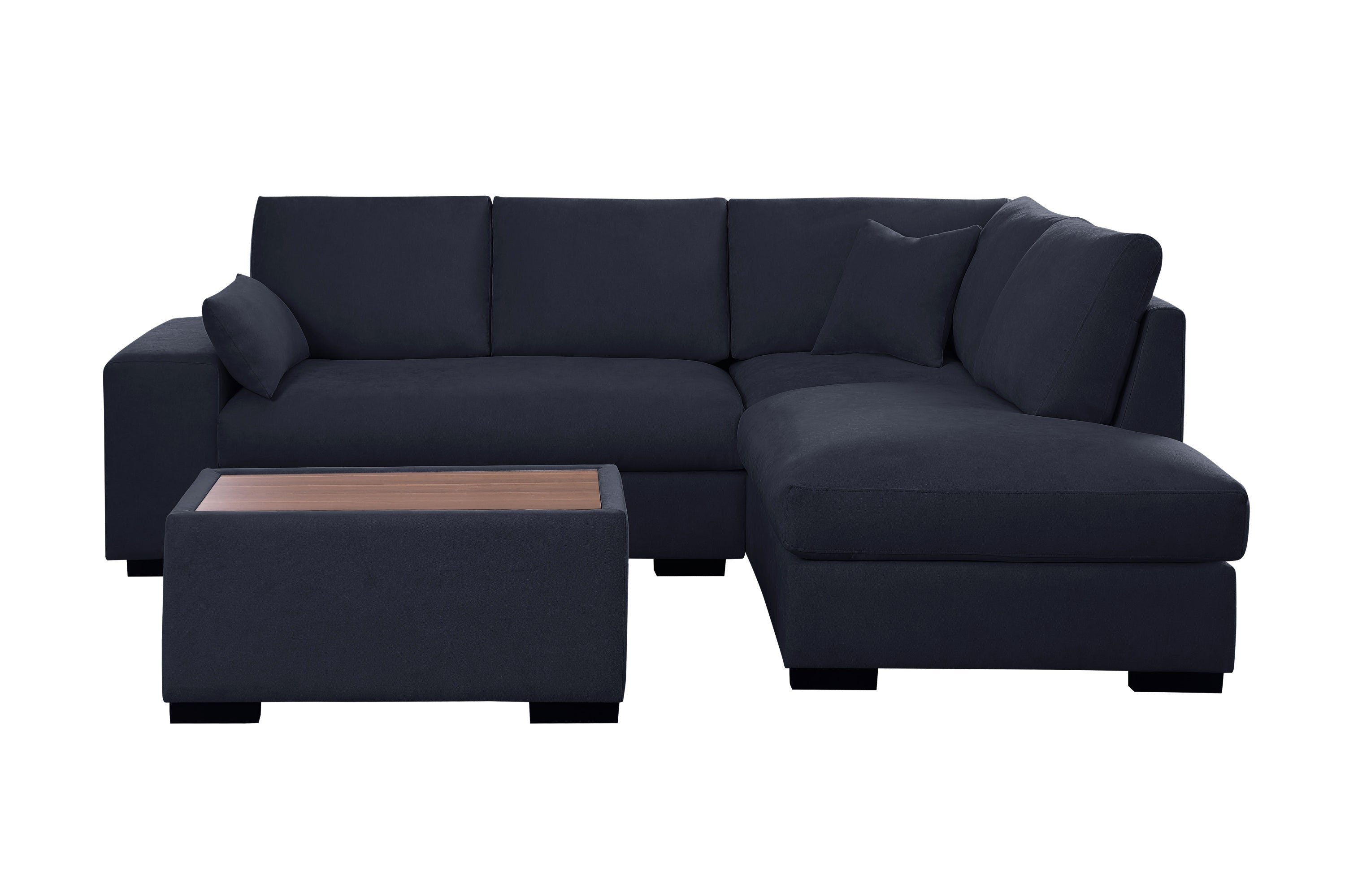 Dark gray sectional sofa with ottoman shown from front. Fabric upholstery and wood-top ottoman complement modern design.