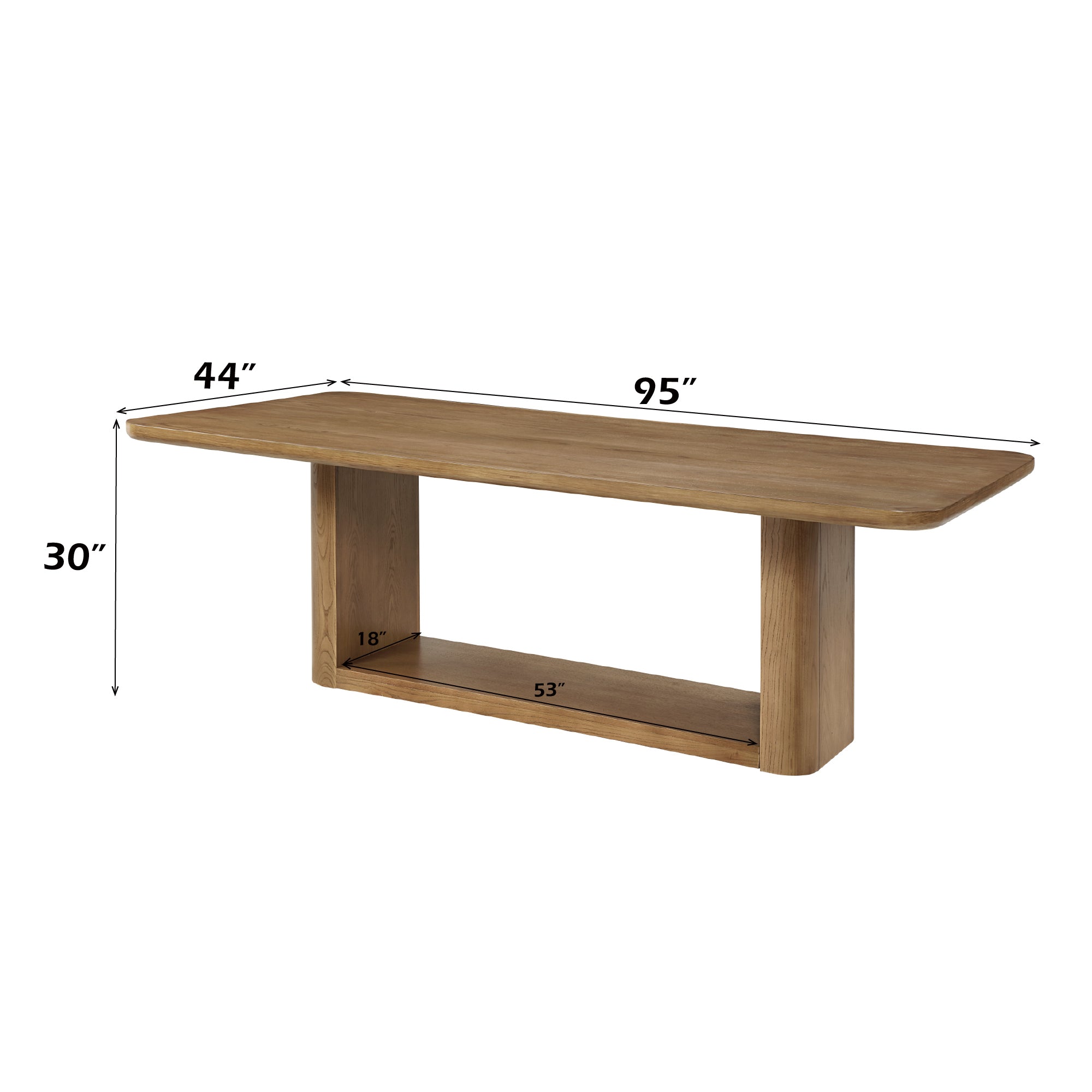 Zoey Oak Dining Table with dimensions 95x44x30 inches, showcasing its spacious rectangular design and sturdy oak base.