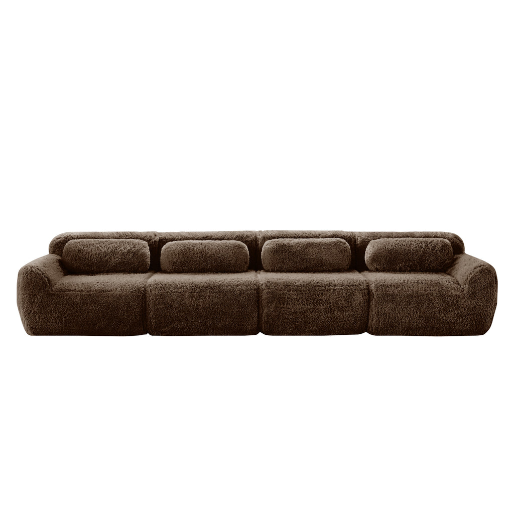 Front view of Modular Chocolate Plush Sofa featuring 4 non-slip seats and soft, high-quality plush fabric for home comfort.