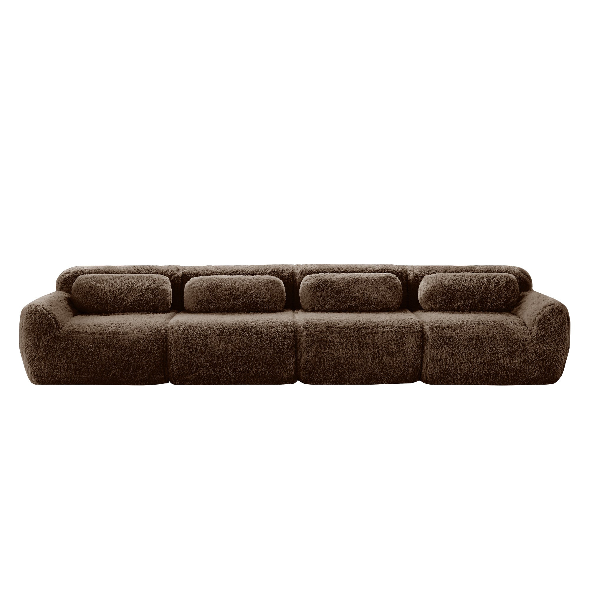 Front view of Modular Chocolate Plush Sofa featuring 4 non-slip seats and soft, high-quality plush fabric for home comfort.