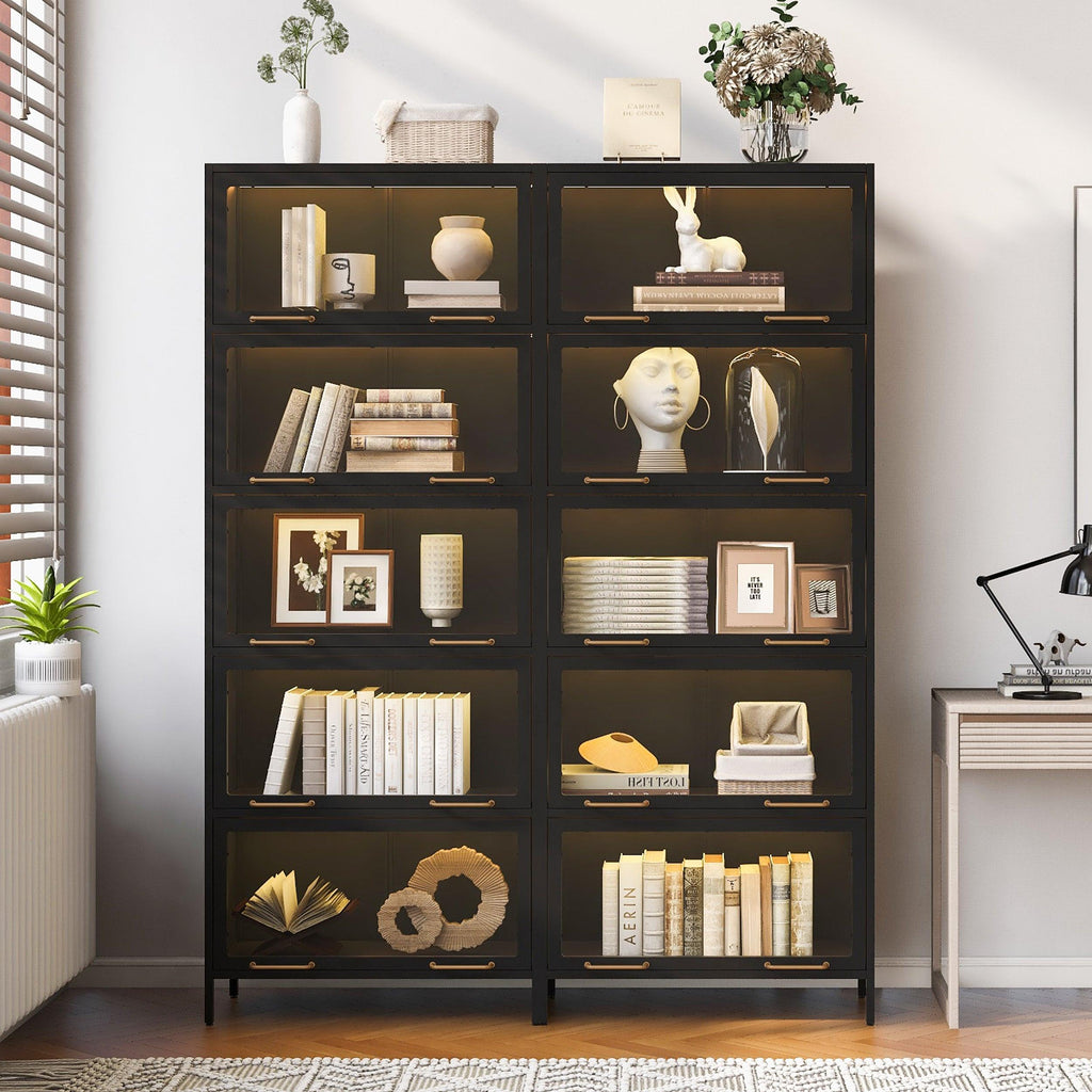 Iron Display Cabinet with Glass Doors - 5-Tier Bookcase.