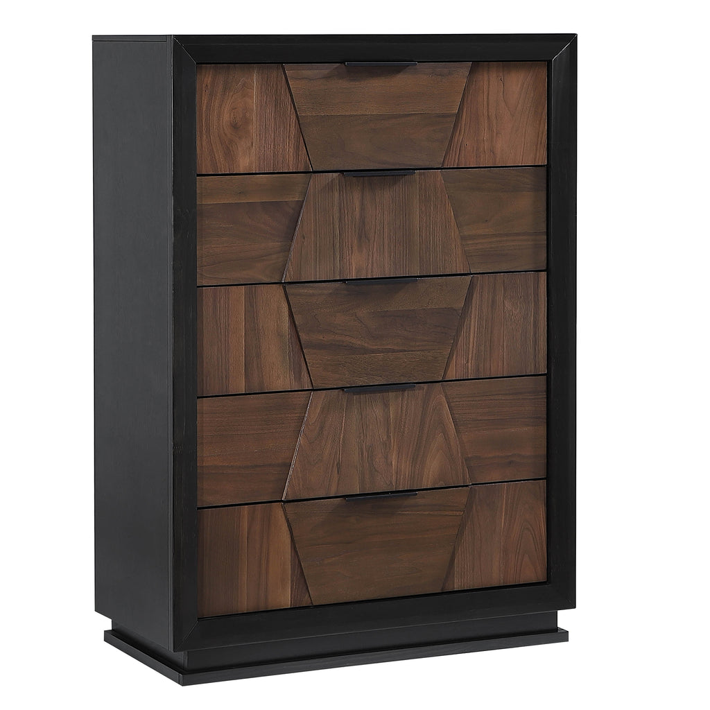 Houston 5-Drawer Chest - Walnut with geometric drawer fronts and black frame, ideal for modern bedroom storage solutions.