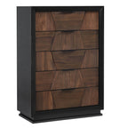 Houston 5-Drawer Chest - Walnut with geometric drawer fronts and black frame, ideal for modern bedroom storage solutions.
