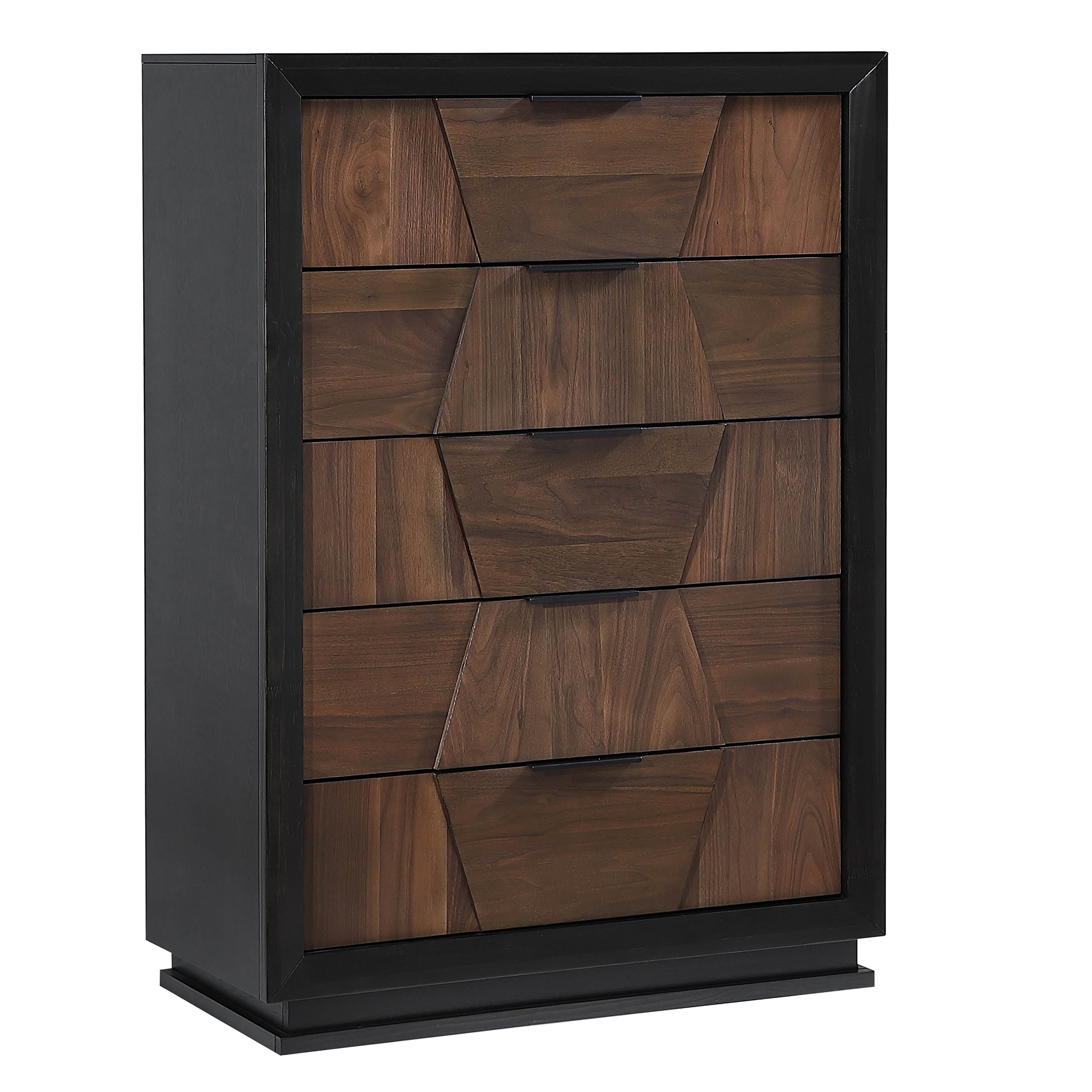 Houston 5-Drawer Chest - Walnut with geometric drawer fronts and black frame, ideal for modern bedroom storage solutions.