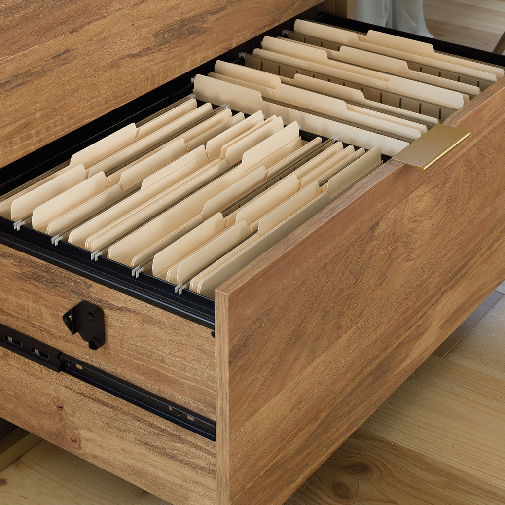 Open drawer of brown lateral file cabinet showing organized hanging file folders, perfect for efficient office storage.