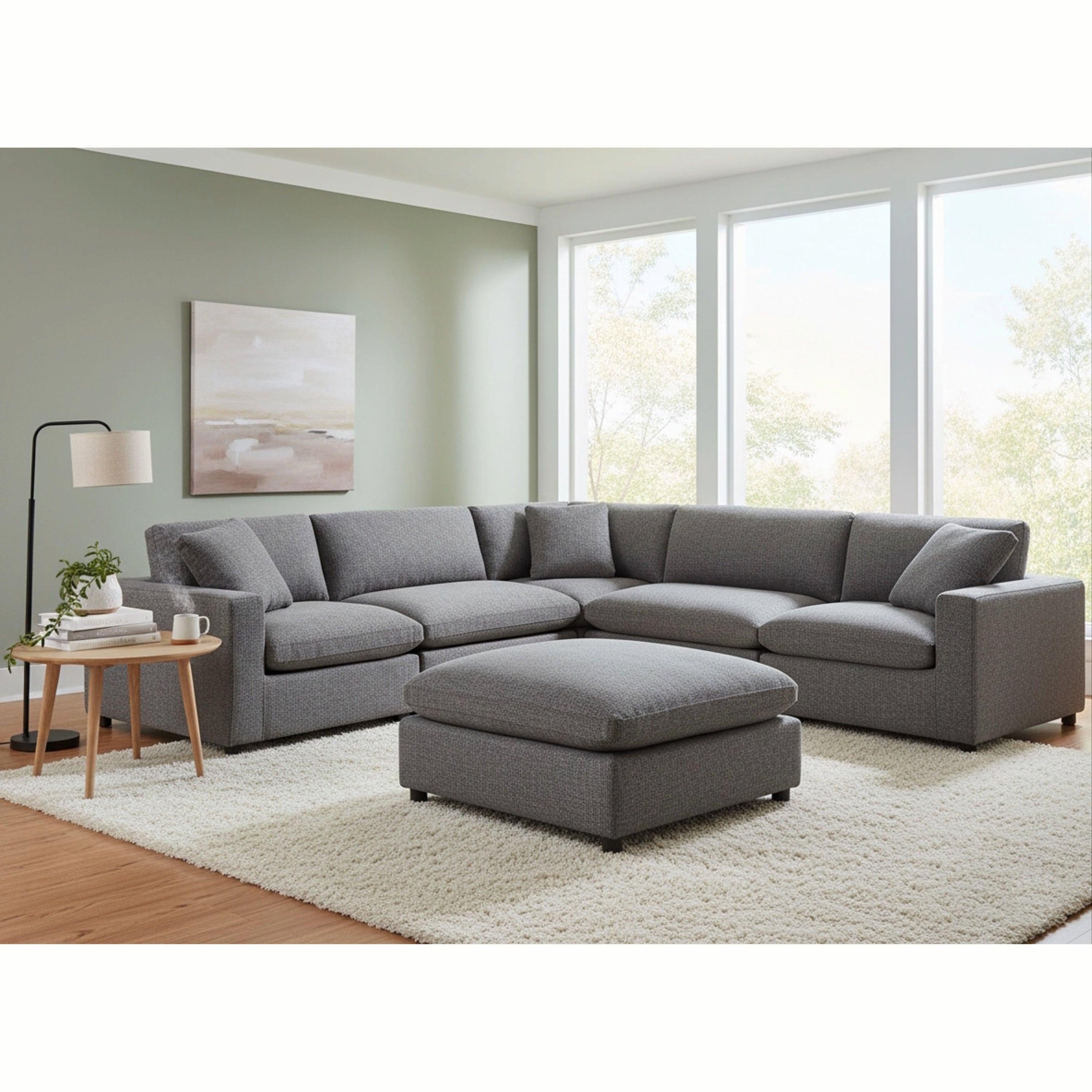 Cassandra Modular 6-Piece Sectional in Charcoal Grey with Solid Wood Legs.
