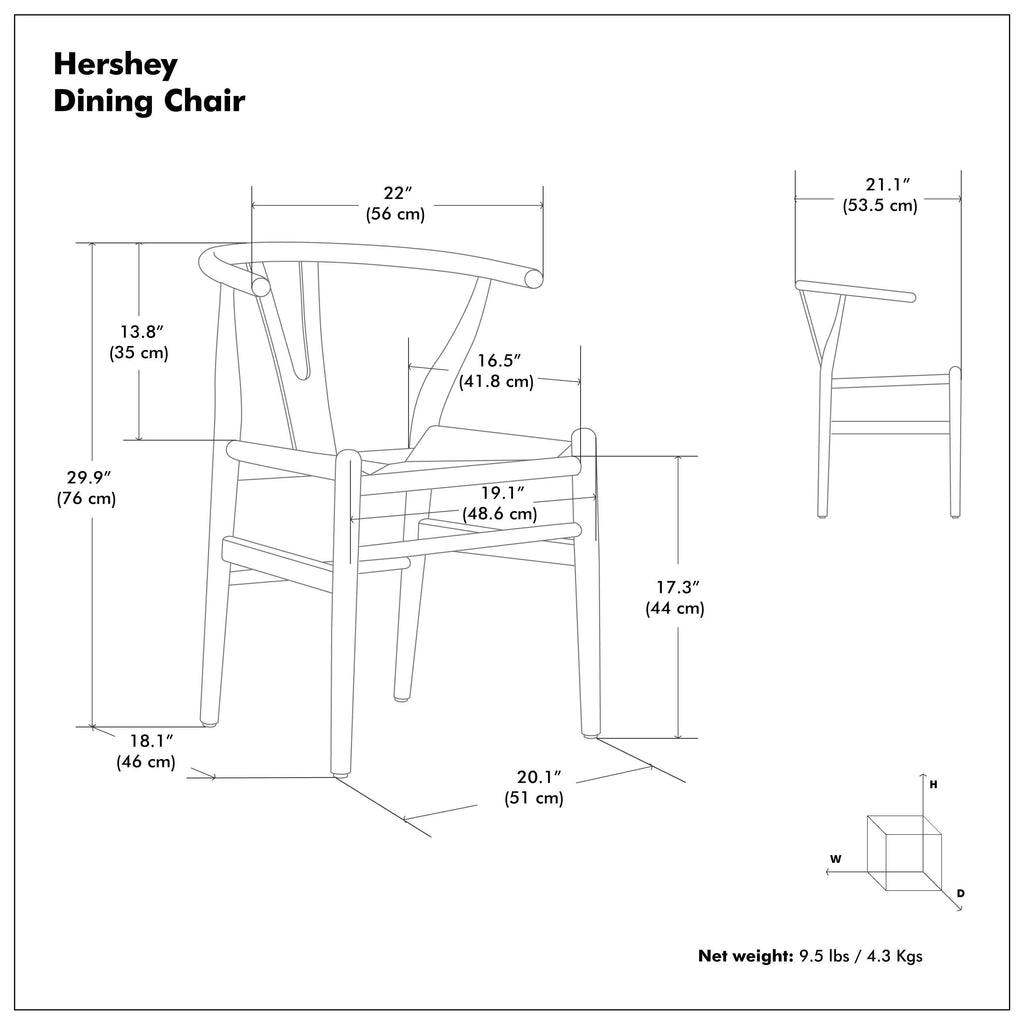 Technical diagram of matte black beech wood dining chair with detailed dimensions and ergonomic Y-back design.