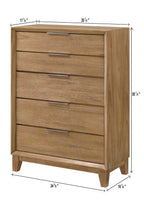 Contemporary Tall Wood Chest - Bedroom Furniture shown with dimensions, featuring 5 drawers and sleek metal handles for functional storage.