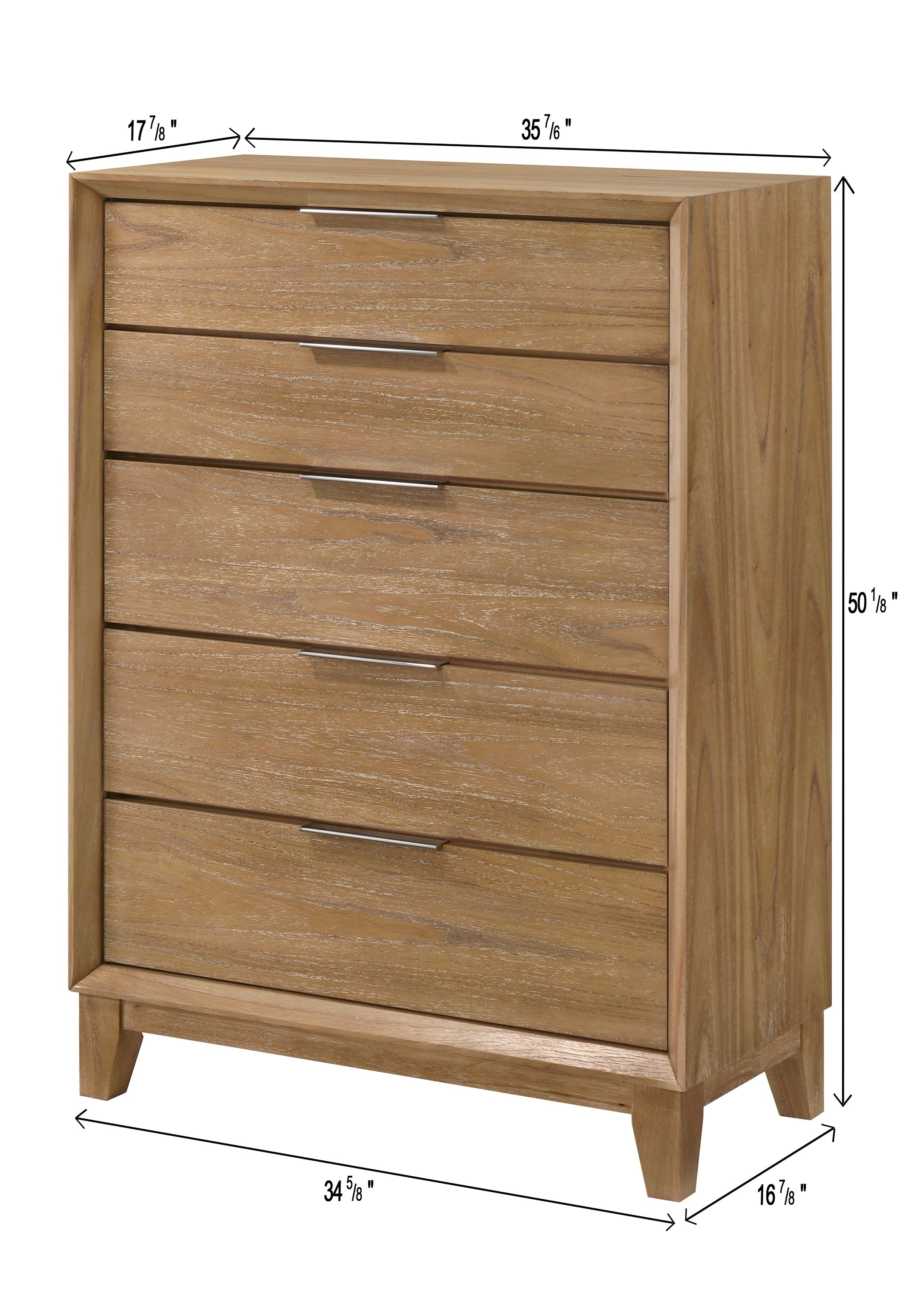 Contemporary Tall Wood Chest - Bedroom Furniture shown with dimensions, featuring 5 drawers and sleek metal handles for functional storage.