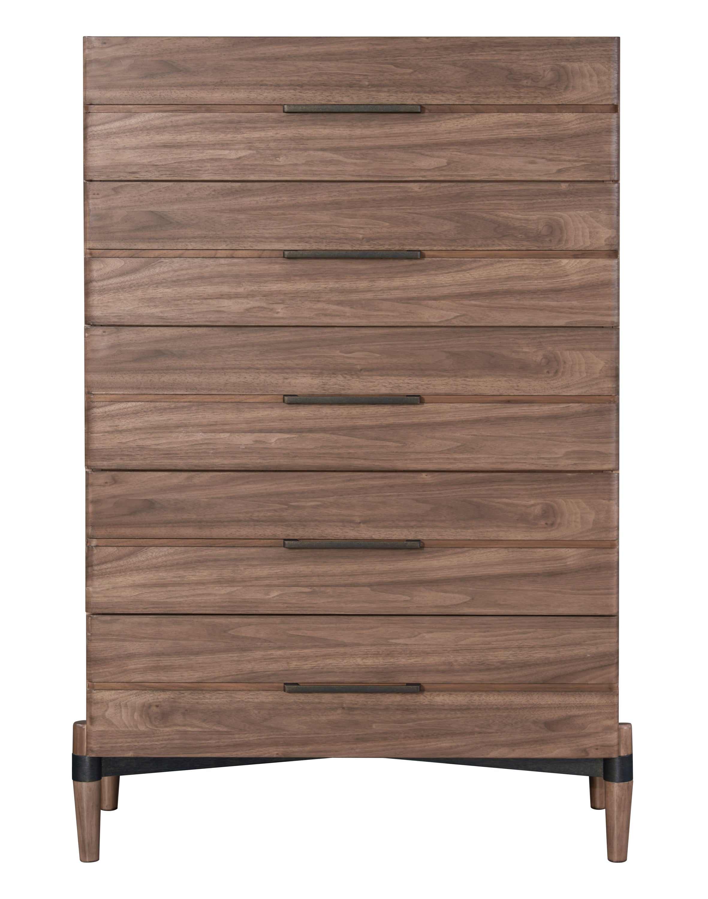 Front view of walnut finish chest of drawers with 5 drawers. Sleek and modern design from Tranquility Collection, fully assembled.