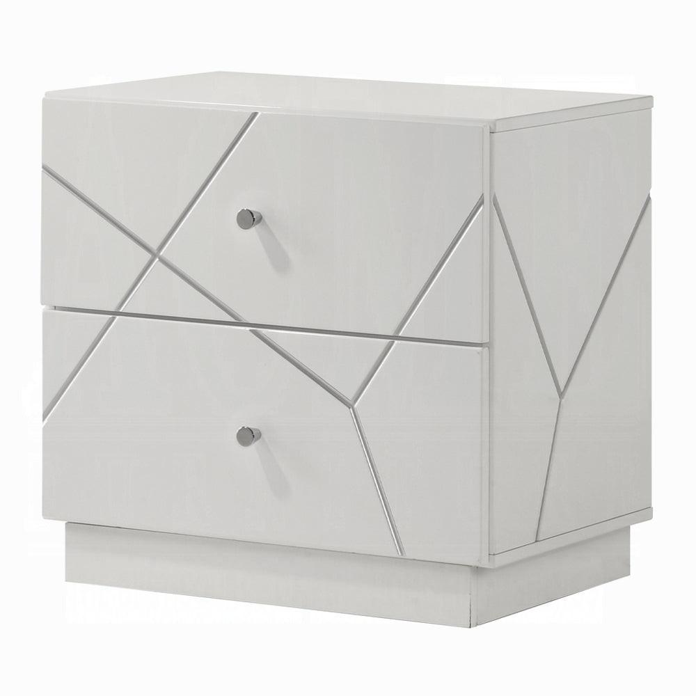 Modern White Nightstand with 2 Drawers and Embossed Design.