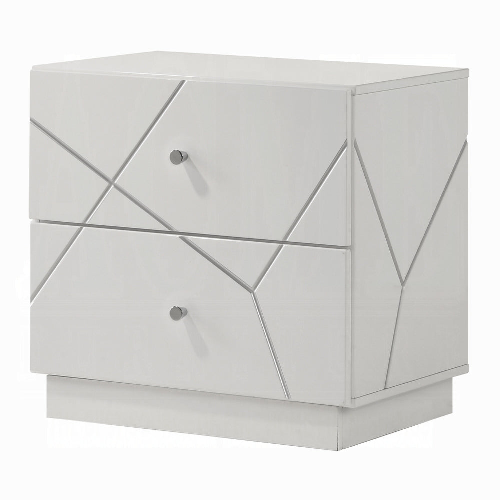 Angled view of Modern White Nightstand with 2 Drawers, showcasing embossed lines and modern minimalist design.
