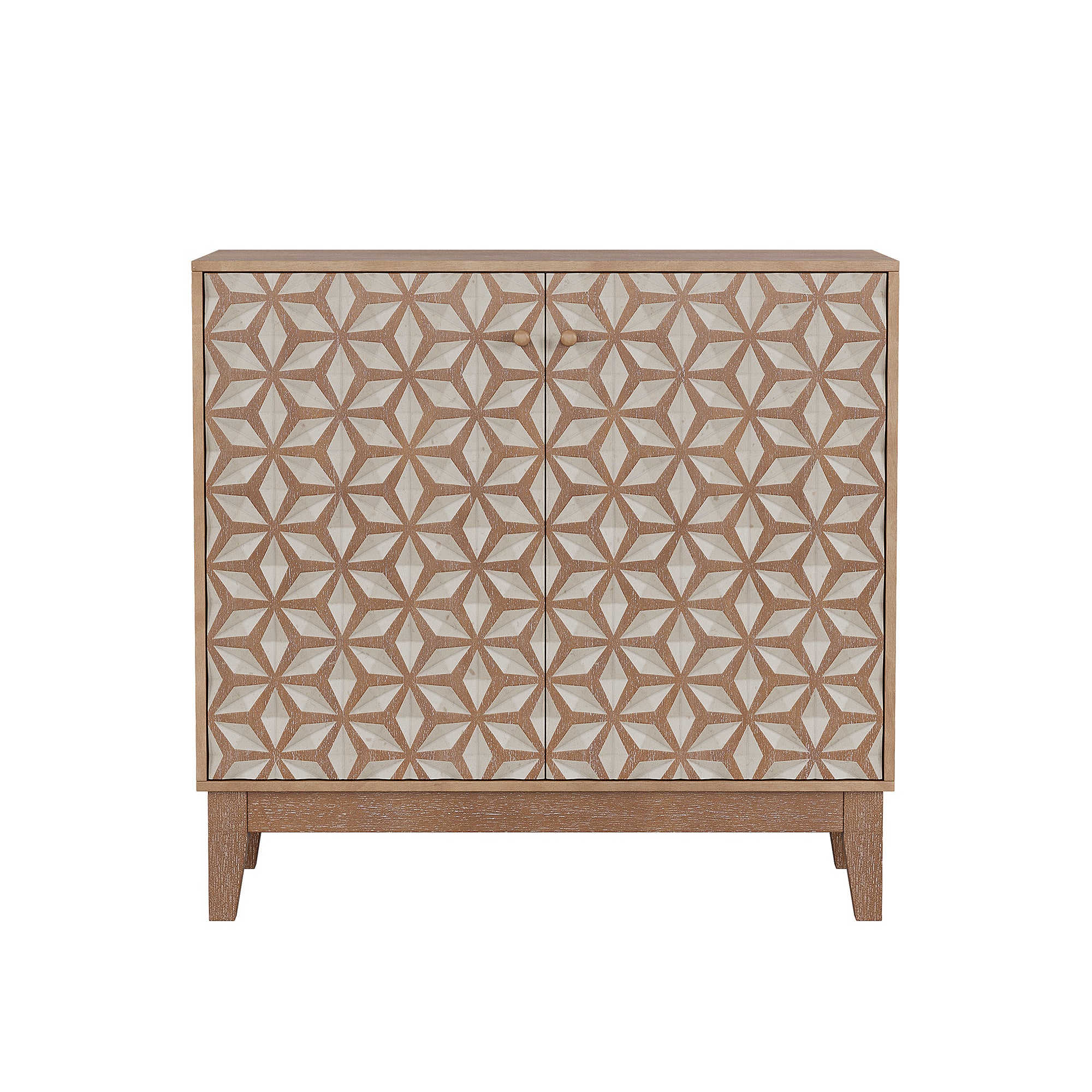 Geometric Sideboard Tangerine Walnut - 31.5" Storage Unit front view with closed doors, showcasing its bold cube pattern and clean lines.