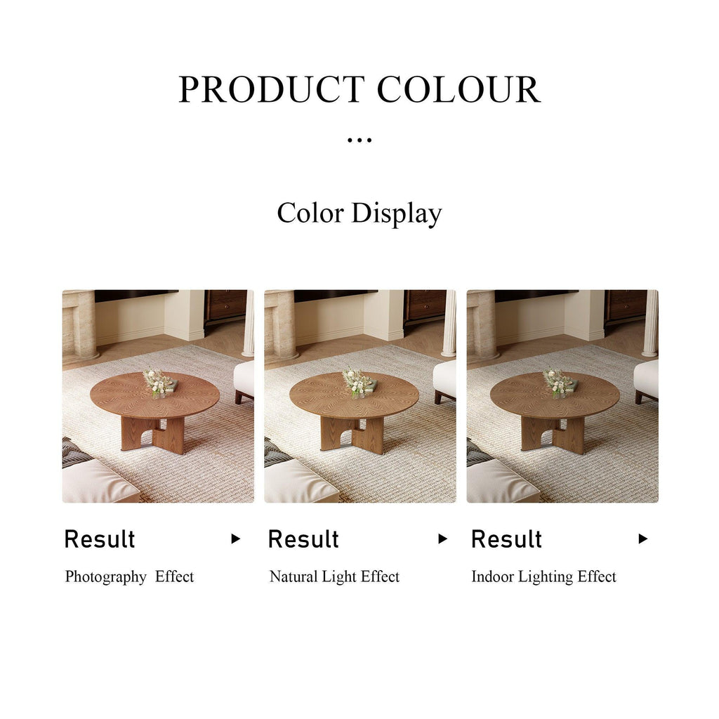 Round Rustic Ash Wood Coffee Table for Small Living Rooms.