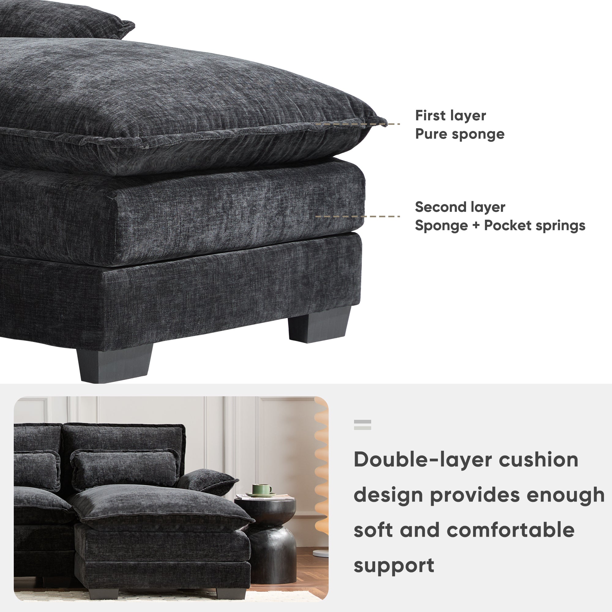 Double-layer cushion design of Modern U-Shaped Sectional Sofa with Console & USB offers soft support with sponge and pocket springs.