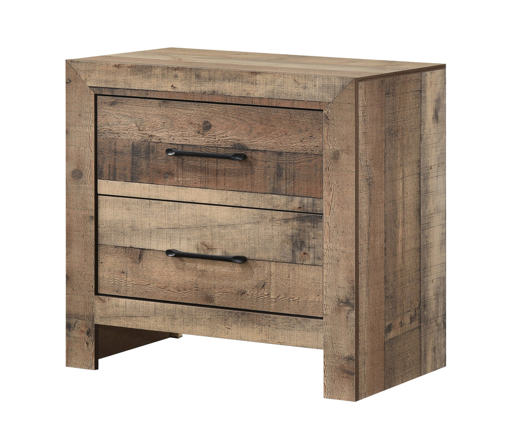 Rustic wooden nightstand with a natural finish, two drawers, plank-style texture, and matte black drawer pulls.