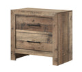 Rustic wooden nightstand with a natural finish, two drawers, plank-style texture, and matte black drawer pulls.