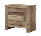 Rustic wooden nightstand with a natural finish, two drawers, plank-style texture, and matte black drawer pulls.