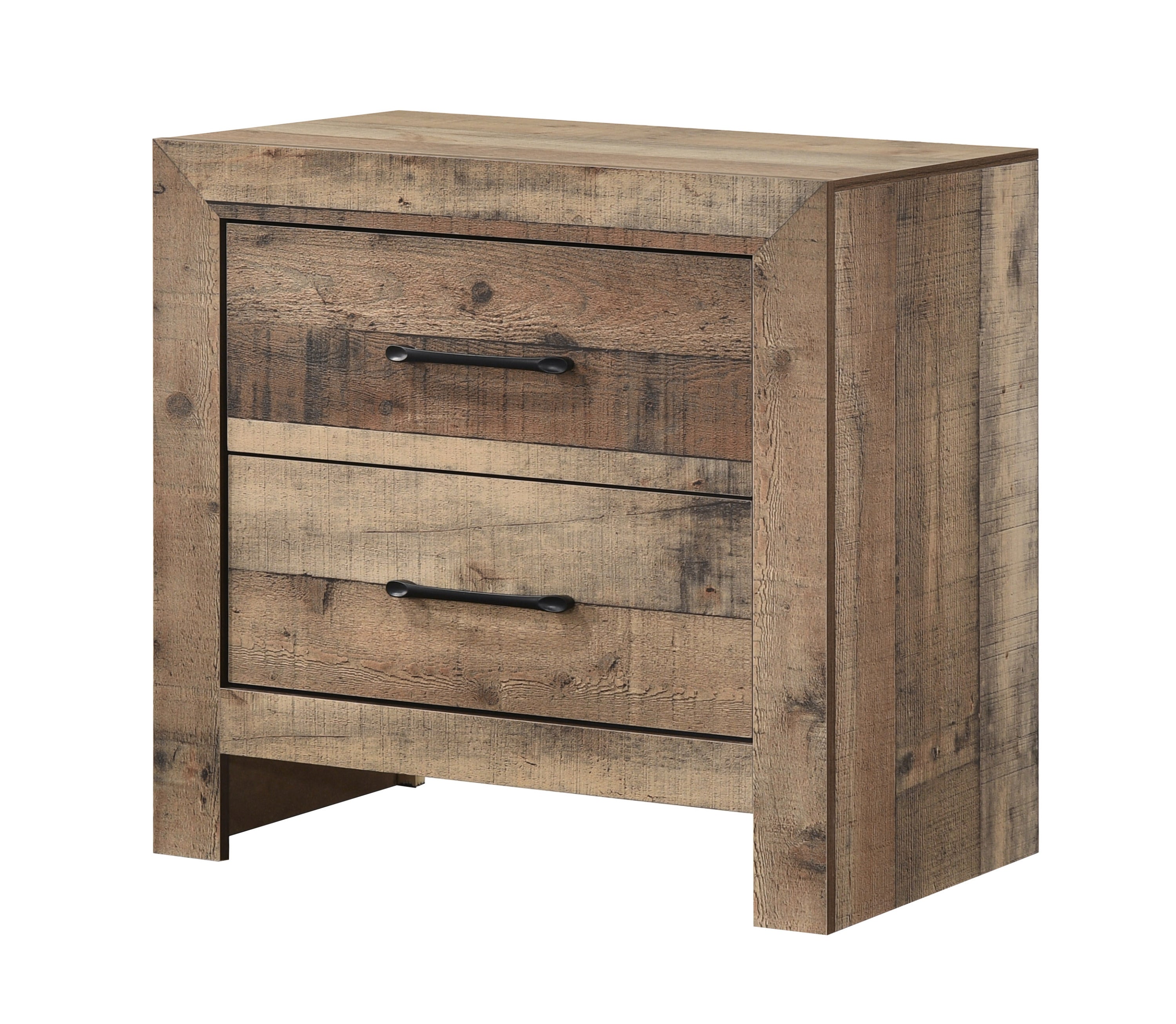 Rustic wooden nightstand with a natural finish, two drawers, plank-style texture, and matte black drawer pulls.