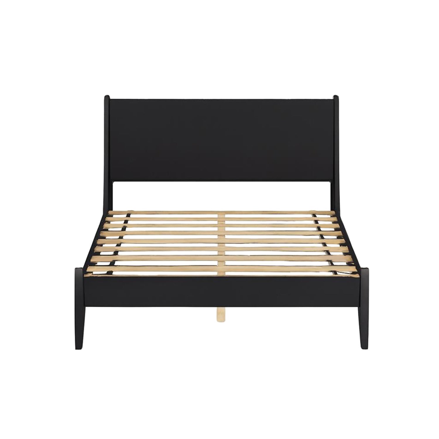 Front view of Mid-Century Modern Full Size Platform Bed in matte black with solid wood slats and sleek headboard design.