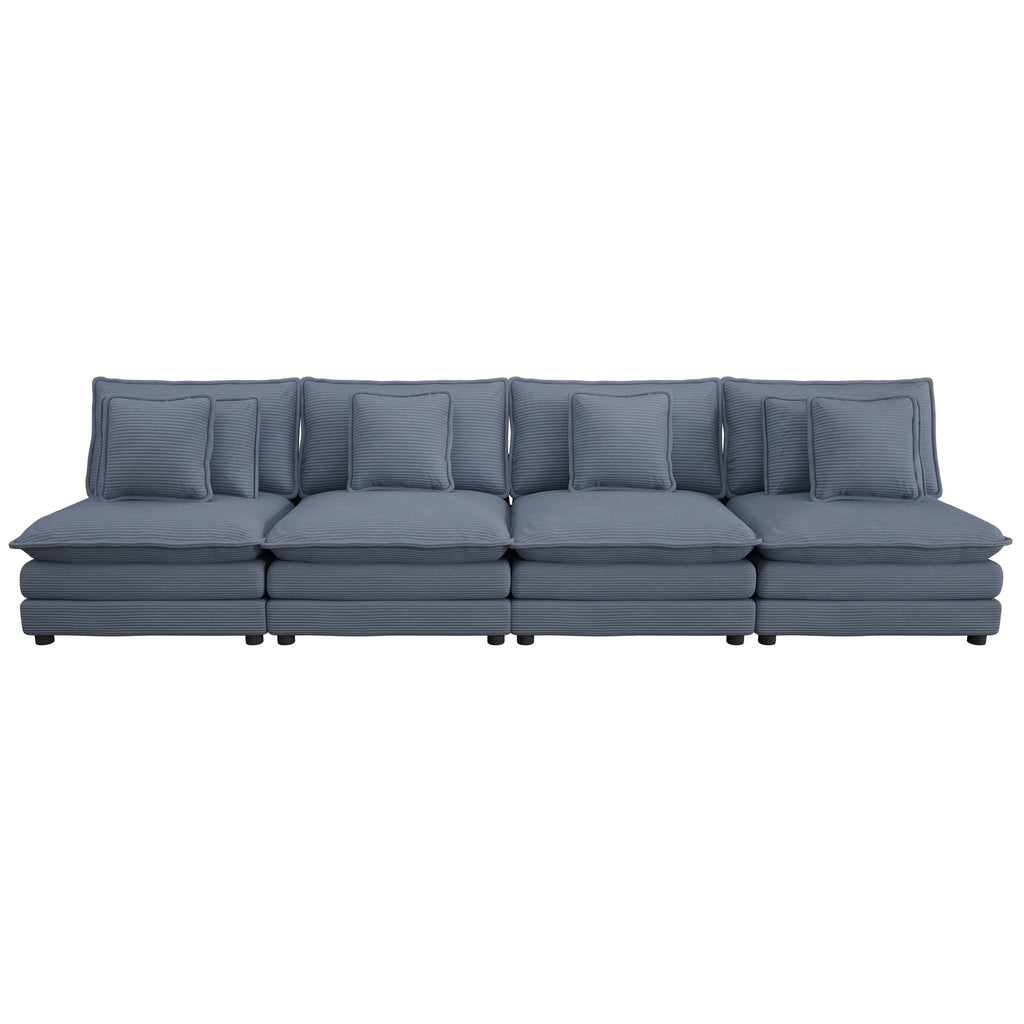 Blue corduroy modular sofa with four seats and removable pillows, ideal for modern living room setups. Features plush cushions and sleek design.