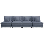 Blue corduroy modular sofa with four seats and removable pillows, ideal for modern living room setups. Features plush cushions and sleek design.